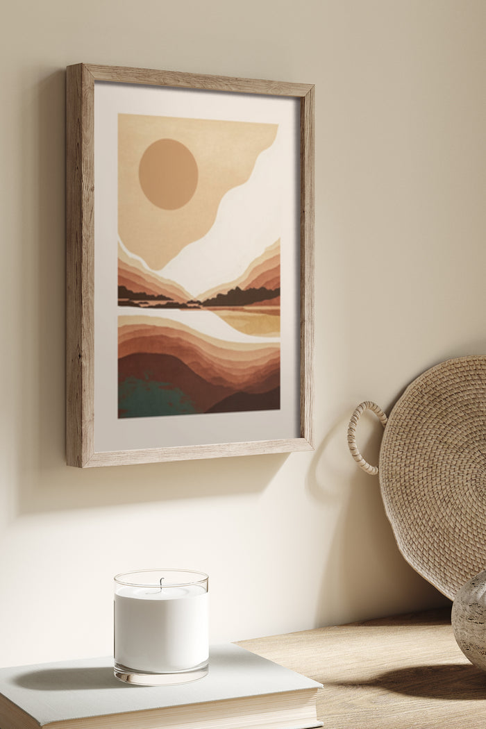 Abstract landscape poster featuring sunrise and hills in earth tones displayed in a wooden frame