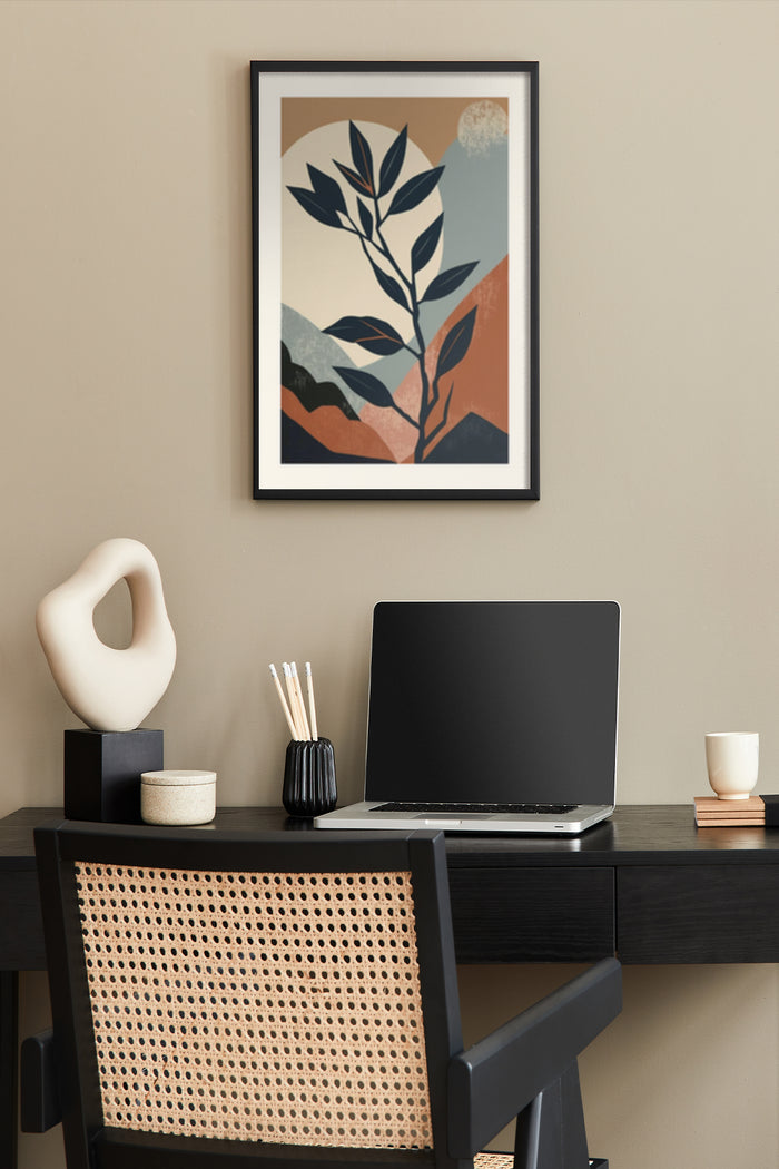 Abstract geometric leaf artwork in stylish modern home office interior