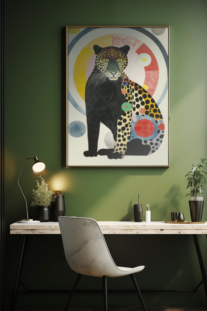 Abstract Leopard Print Art Poster in Modern Home Office Setting