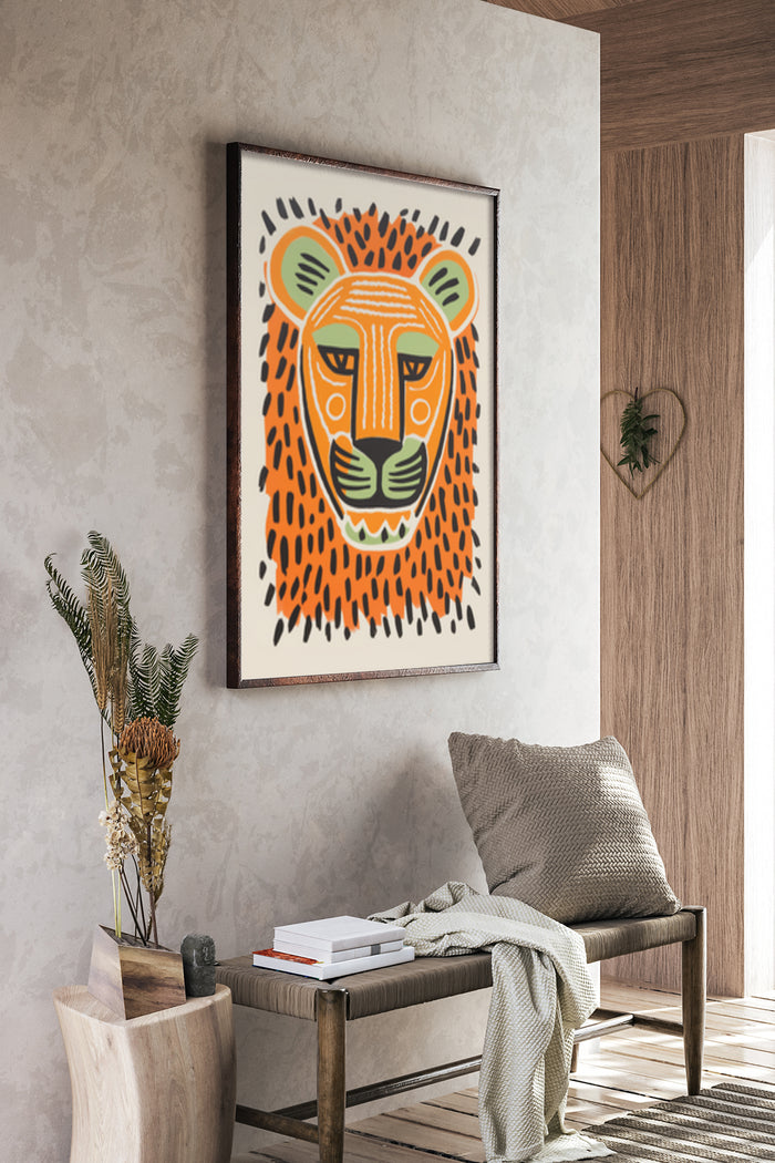 Abstract lion illustration poster in a stylish modern living room setting