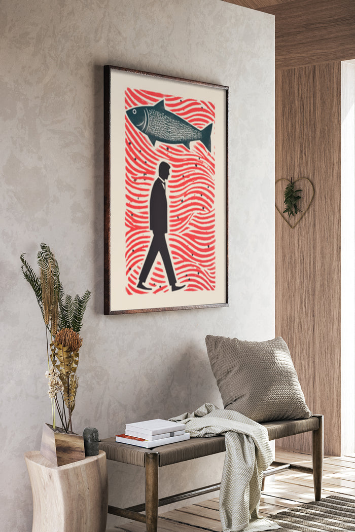 Abstract art poster of silhouette man walking under large fish in red and white waves