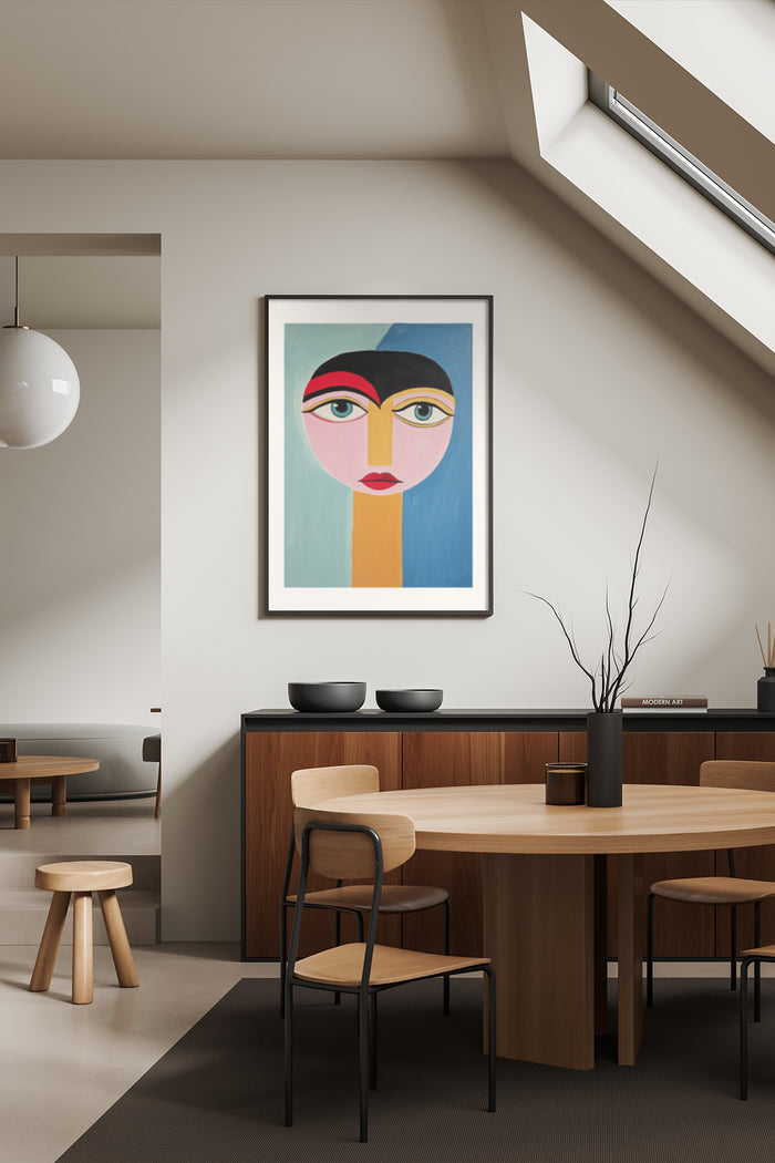 Abstract Modern Art Portrait Poster Displayed in Contemporary Dining Room
