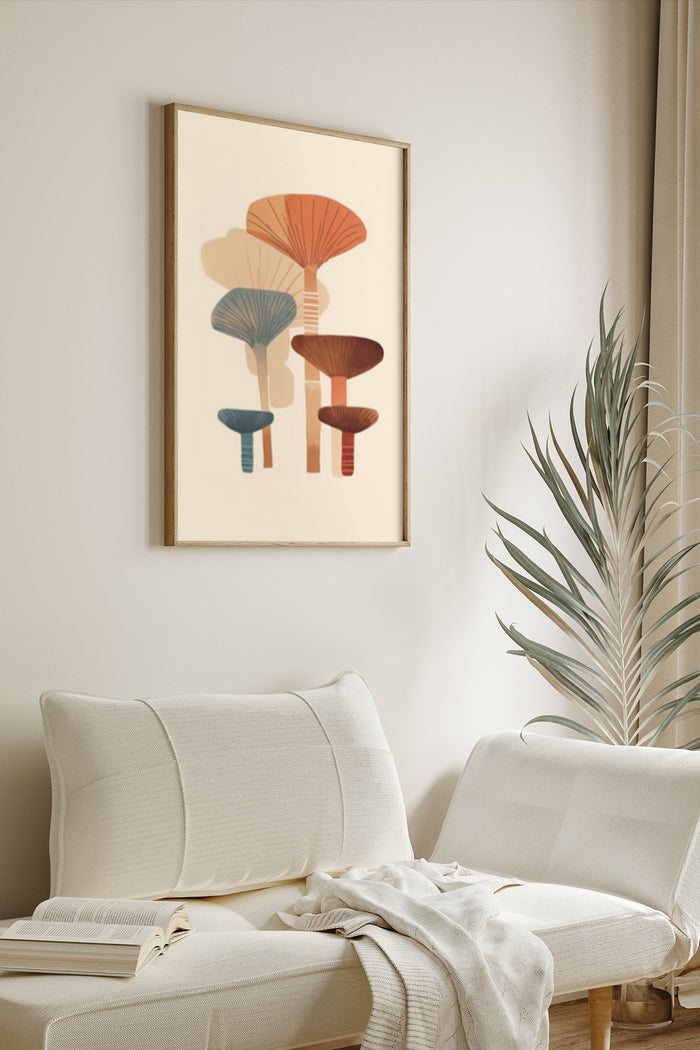 Abstract modern mushroom artwork poster in a stylish interior setting with a cozy white couch and a green houseplant