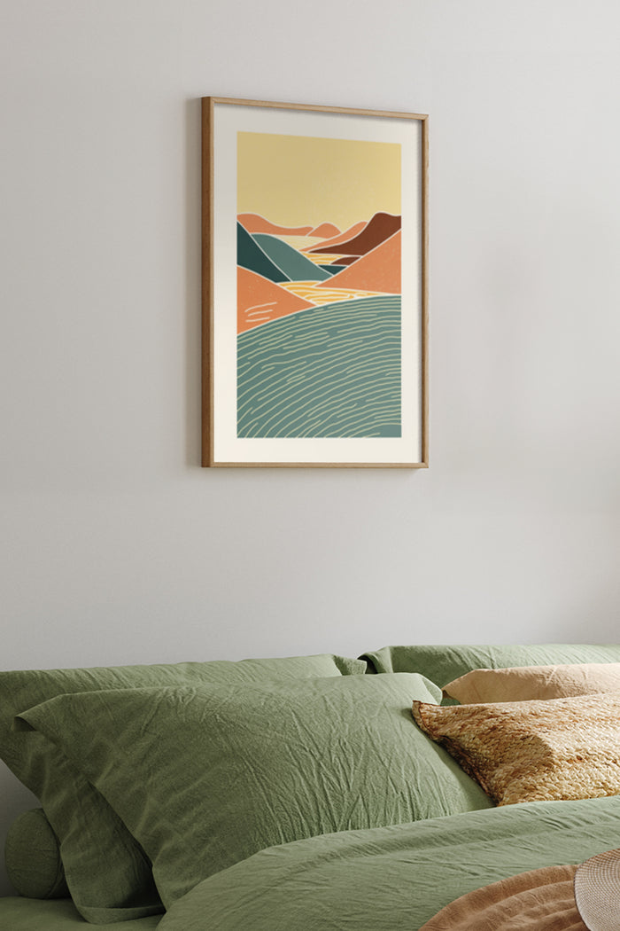 Abstract Geometric Mountain and Lake Art Poster in Bedroom Home Decor Setting