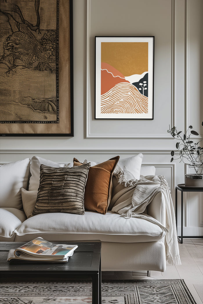 Abstract geometric mountain range and sun poster framed on a wall in a stylish living room interior