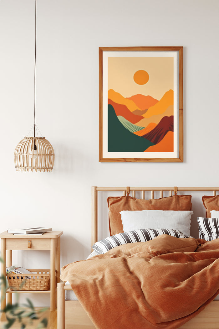 Stylish abstract mountain landscape poster framed on a bedroom wall above a bed with terracotta bedding