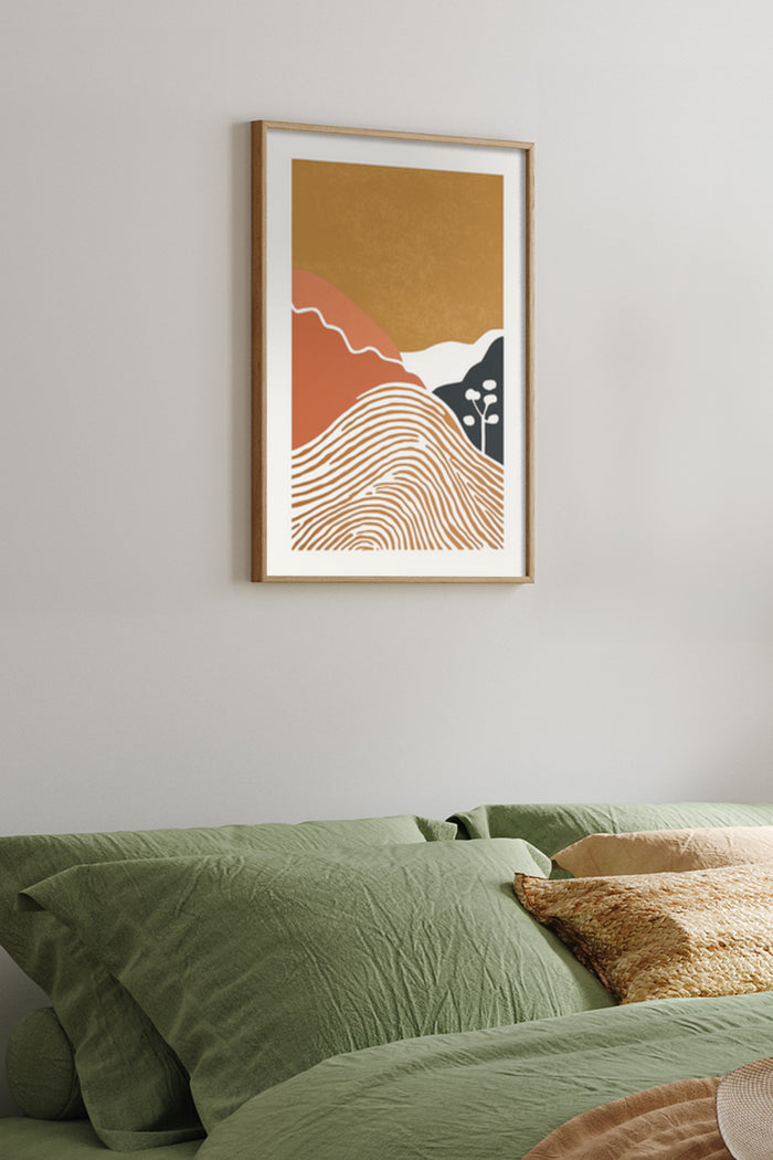 Abstract geometric mountain landscape poster in a bedroom setting