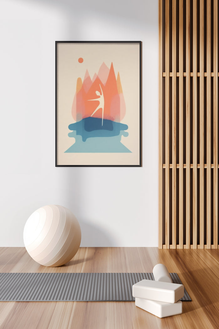 Minimalist abstract mountain range with reflective lake poster in stylish interior
