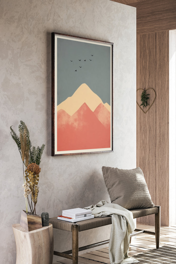 Modern abstract mountain range poster with warm color palette displayed in a contemporary room decor