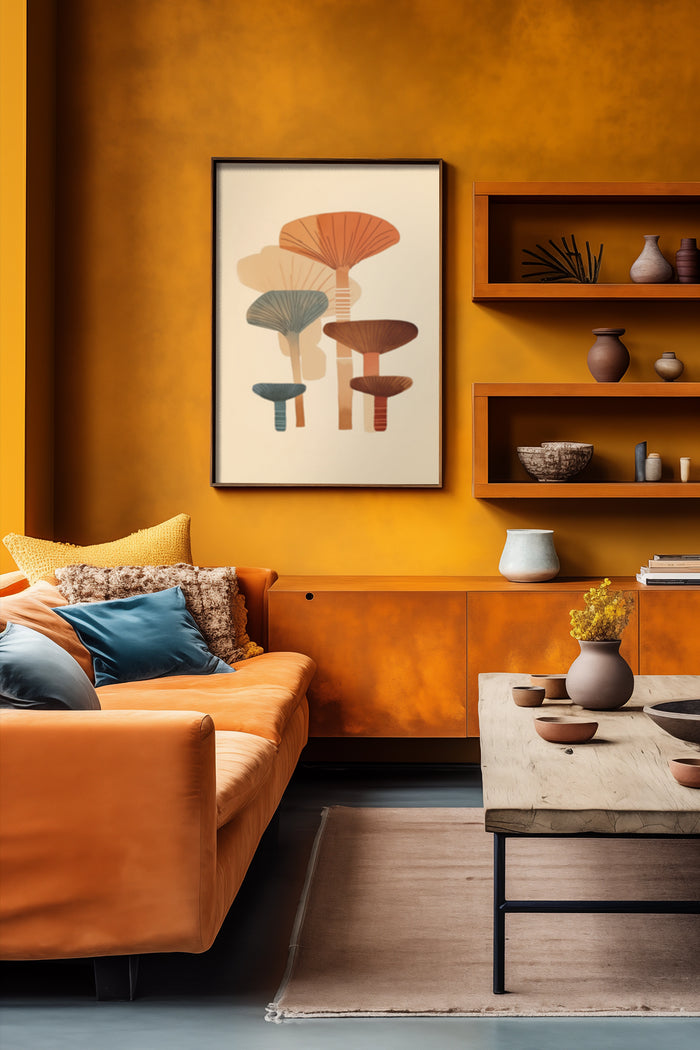 Abstract mushroom art print in a contemporary living room with mustard walls and terracotta couch