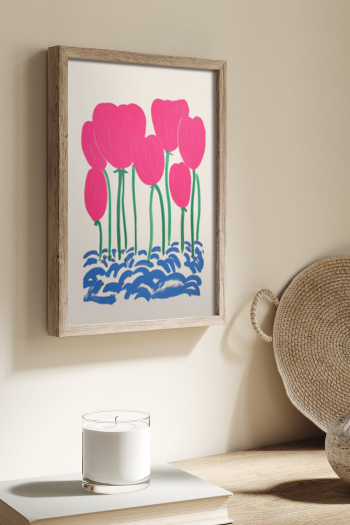 Abstract Pink Tulips over Blue Accent Waves in Wooden Frame Wall Art