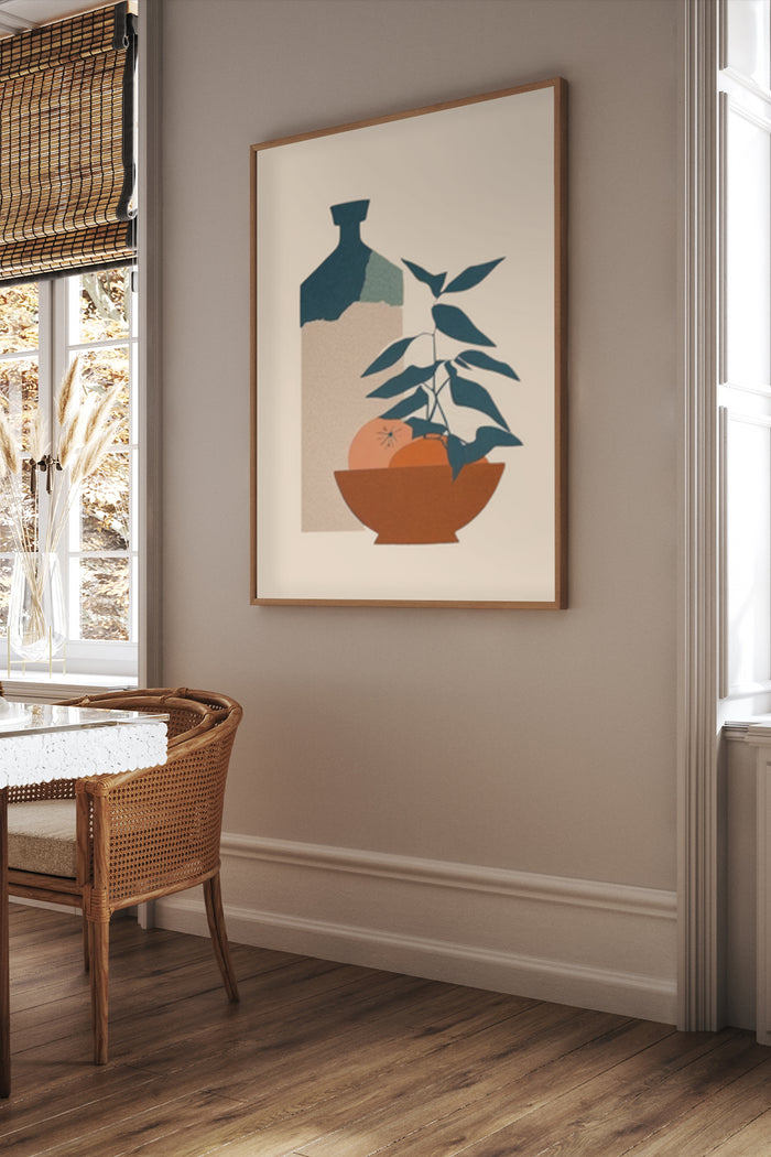 Modern abstract poster featuring a silhouette of a bottle and a plant in a terracotta pot on a beige background displayed in a stylish room