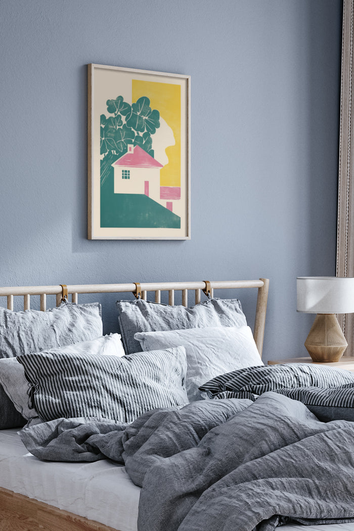 Abstract art poster featuring a plant and house design hanging in a bedroom with grey and white bedding