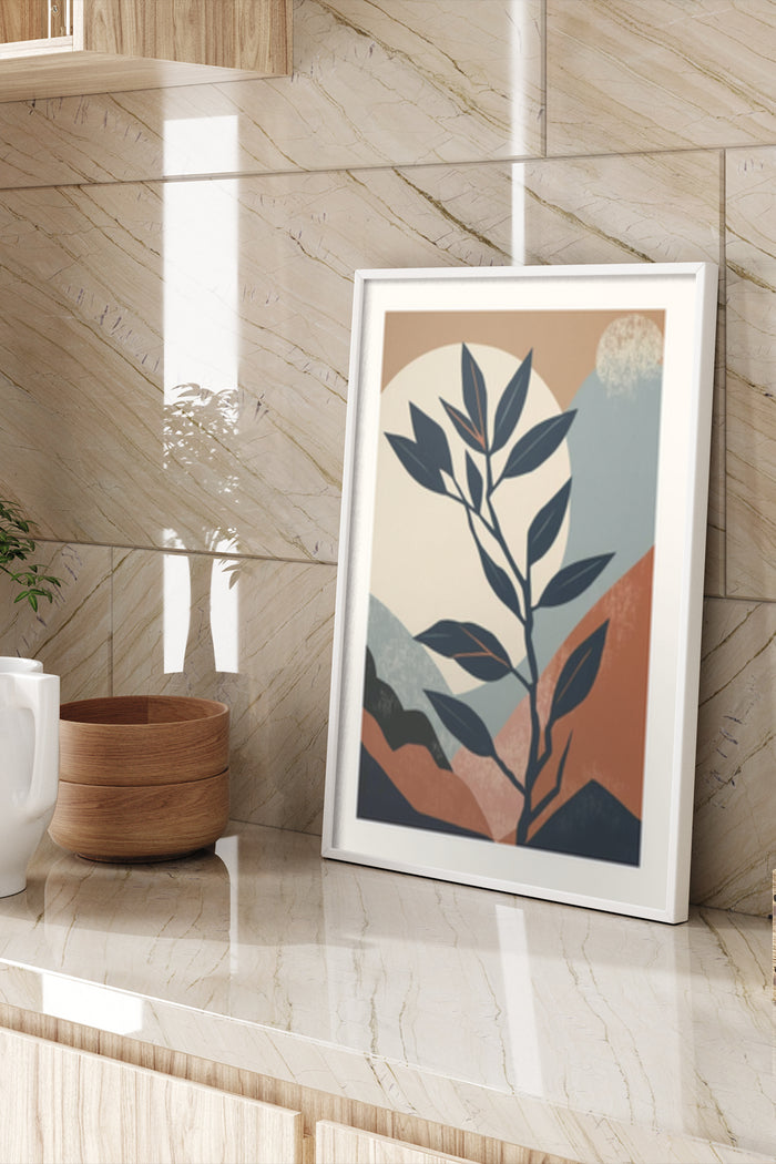 Minimalist abstract plant poster in a stylish frame, displayed in a modern interior setting