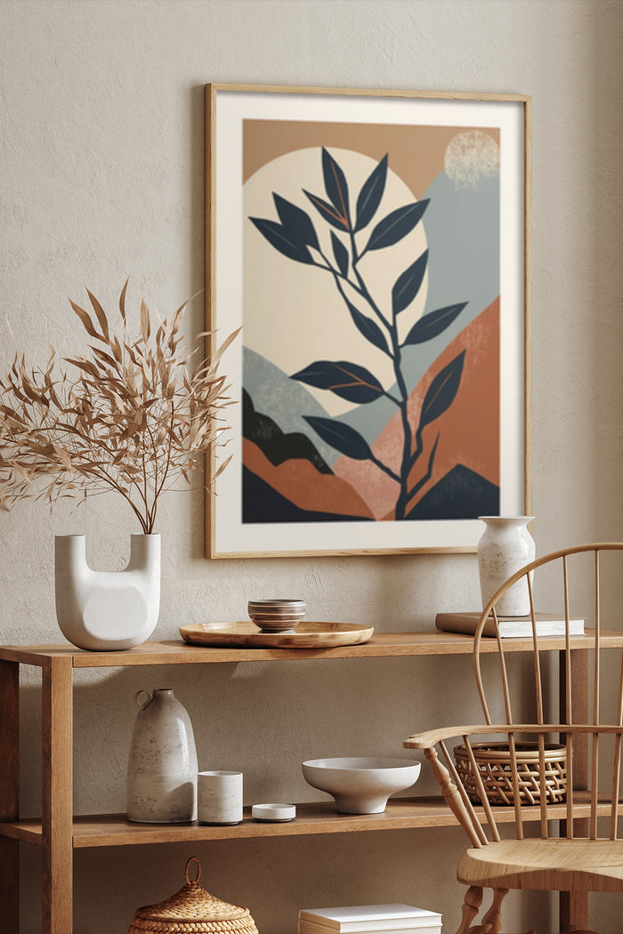 Abstract botanical artwork framed poster in a contemporary interior room design