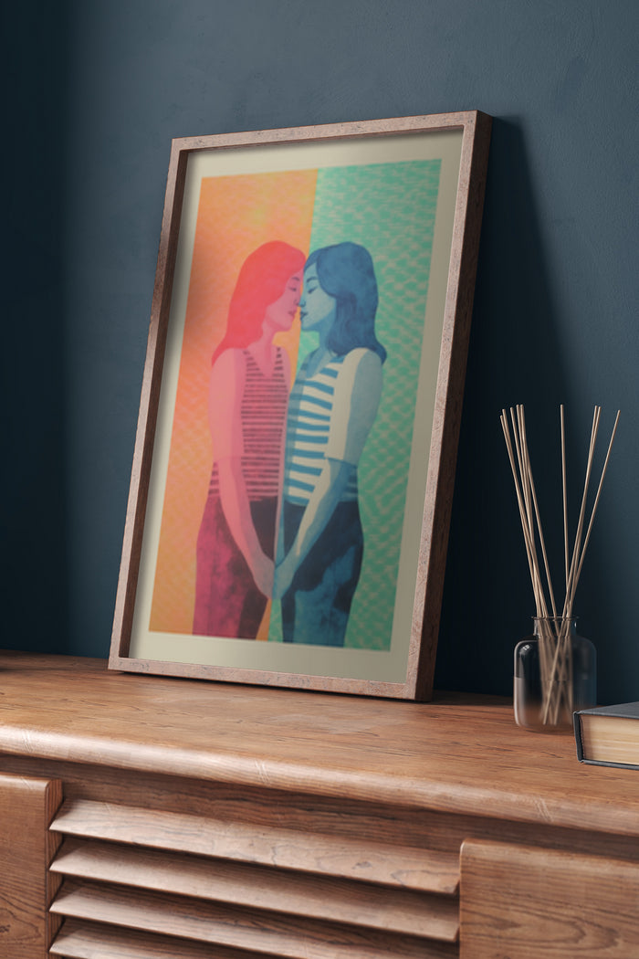 Colorful abstract artwork of two profiles facing each other in poster frame on a wooden dresser with home decor