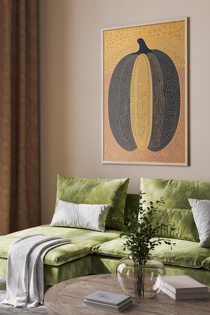Stylized abstract pumpkin poster art hanging in a contemporary room with green sofa and wooden decor