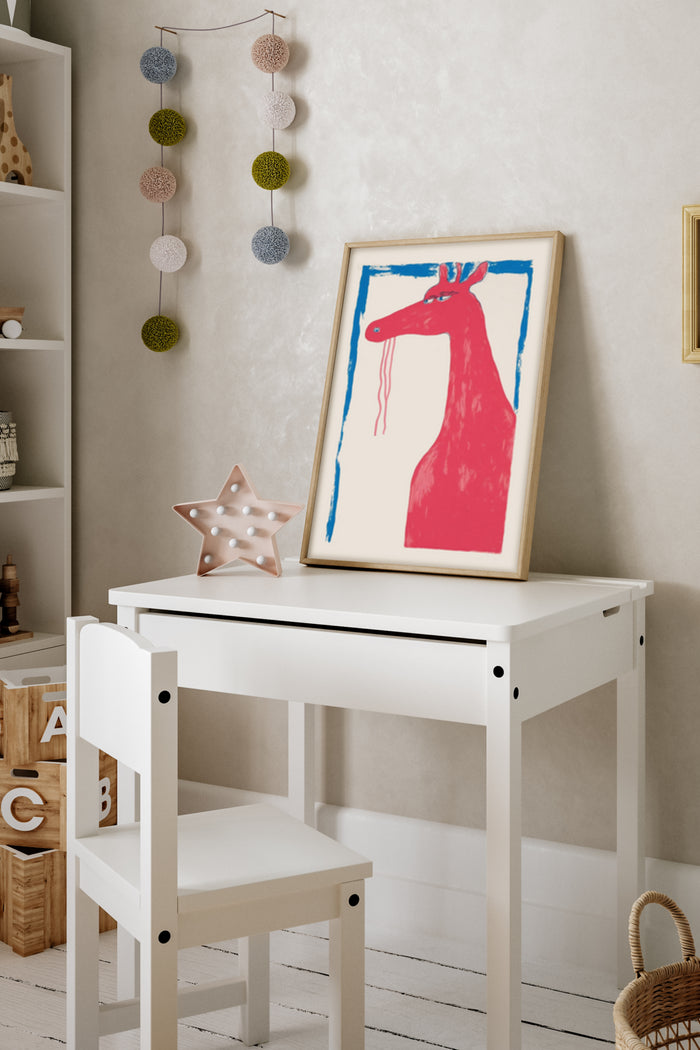 Abstract Modern Art Red Giraffe Painting in Stylish Children's Room Decor
