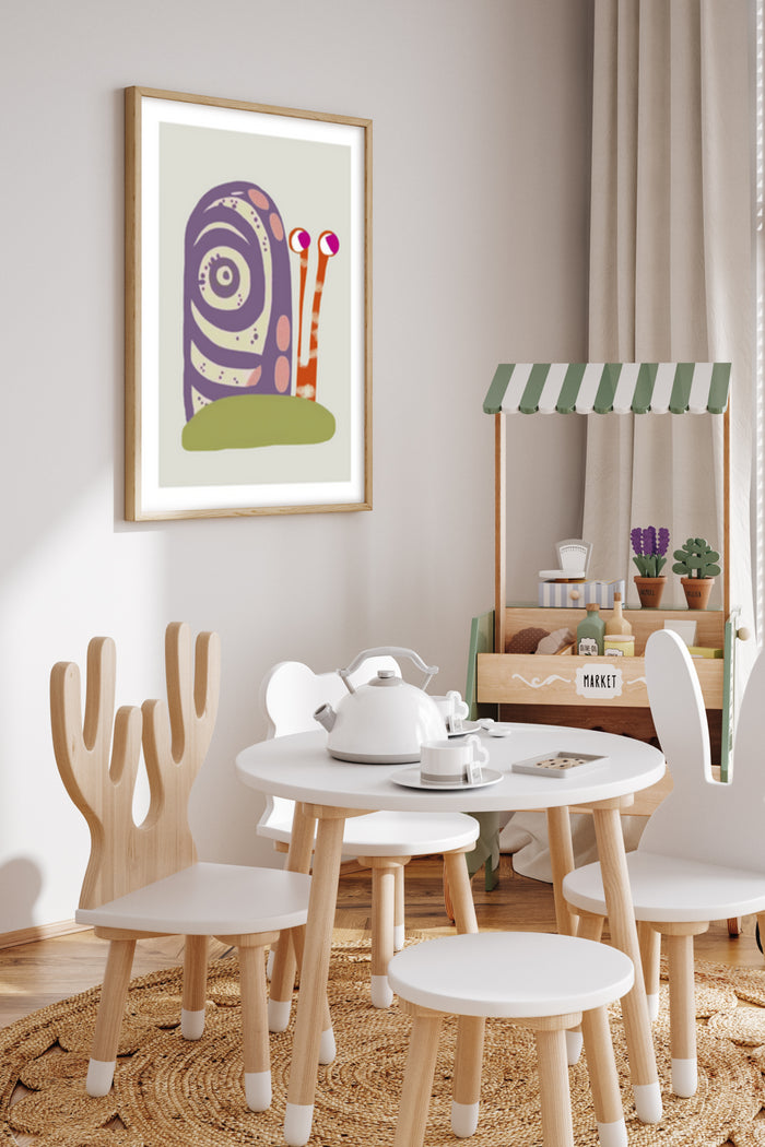 Colorful abstract snail illustration in a frame on a wall of a children's playroom with miniature furniture