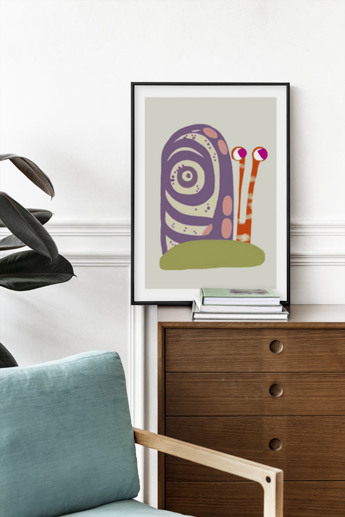 Stylized abstract snail illustration poster framed in a modern home decor setting
