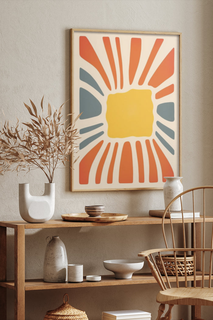 Abstract sunburst design poster framed in a modern home interior with stylish decor