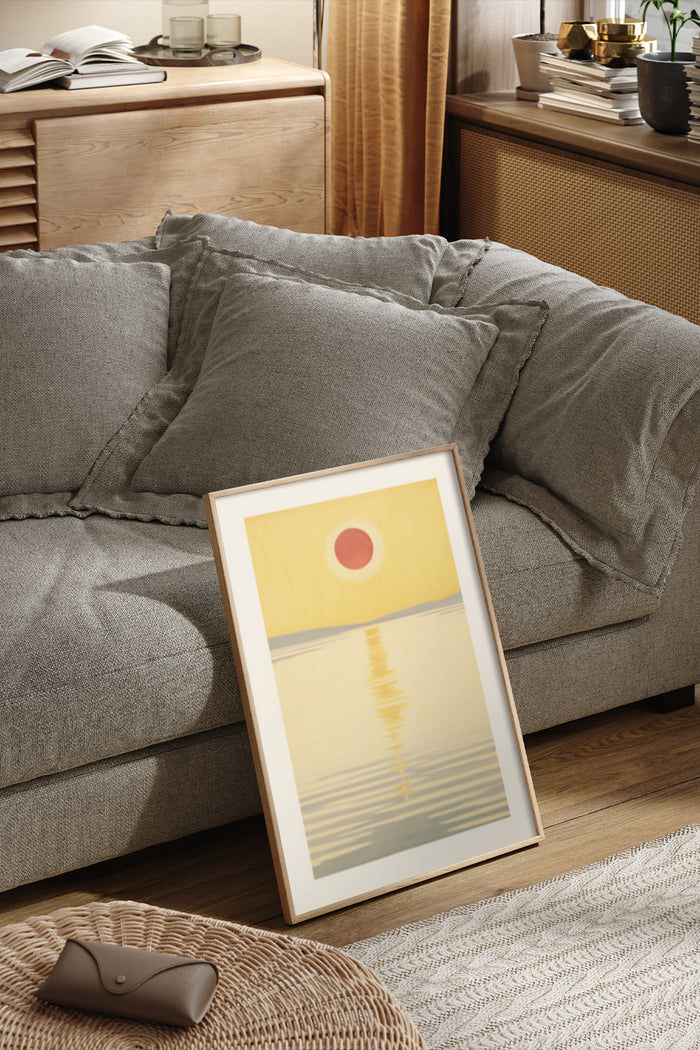 Stylish abstract sunrise art poster framed in a cozy modern living room setting