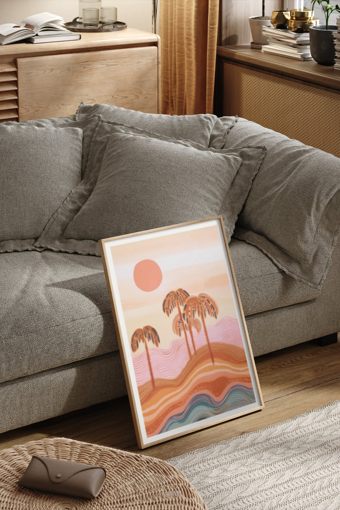 Abstract Landscape Poster with Sunset and Palm Trees Art in Living Room Setting