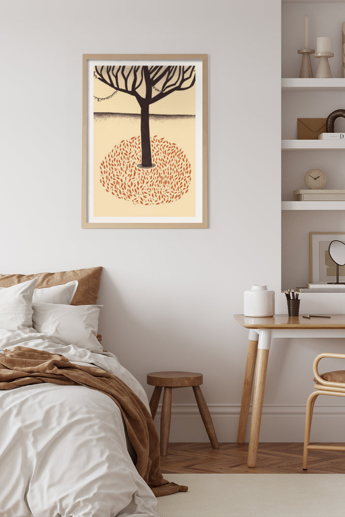 Modern abstract tree poster with round leaves design in a bedroom setting, perfect for contemporary home decor