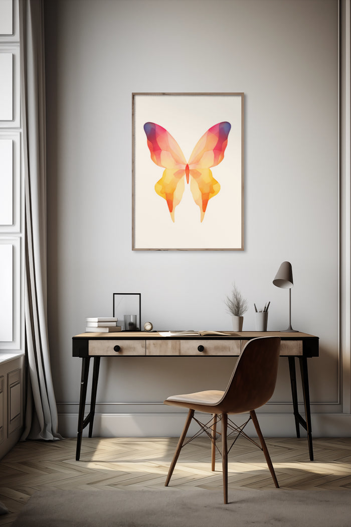 Modern abstract watercolor butterfly artwork in poster frame on home office wall