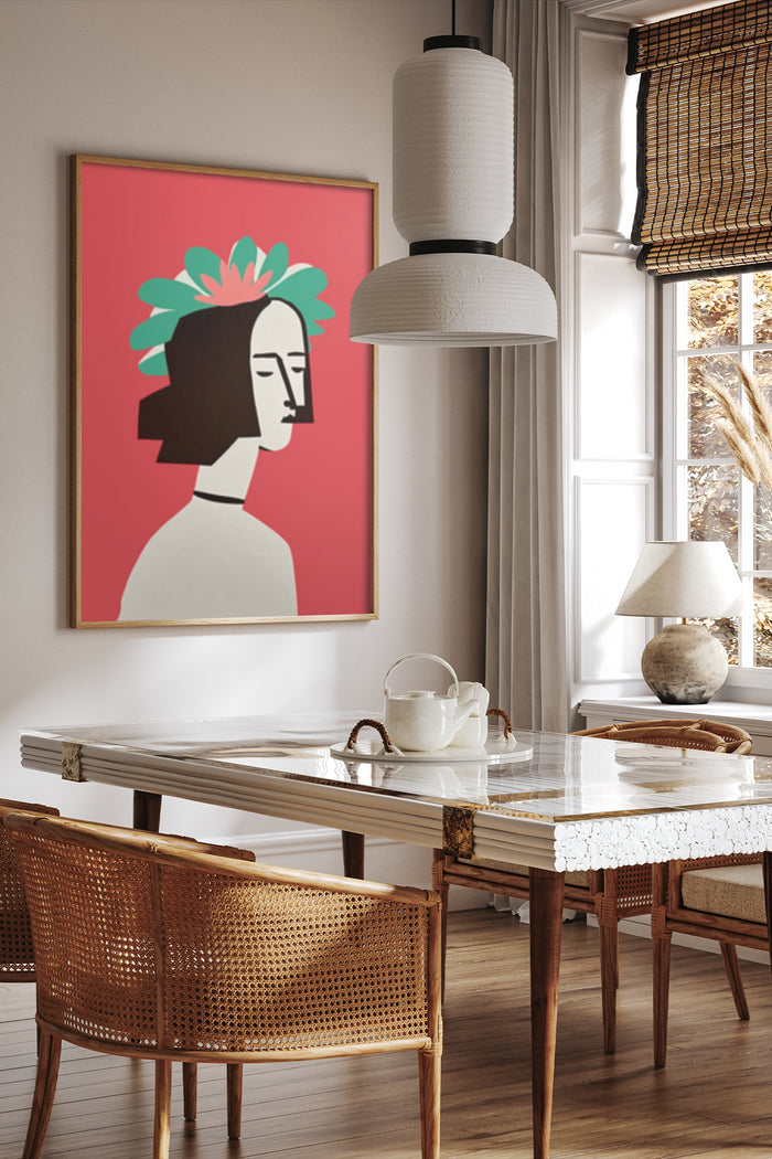 Contemporary abstract woman portrait poster framed on wall in stylish dining room interior