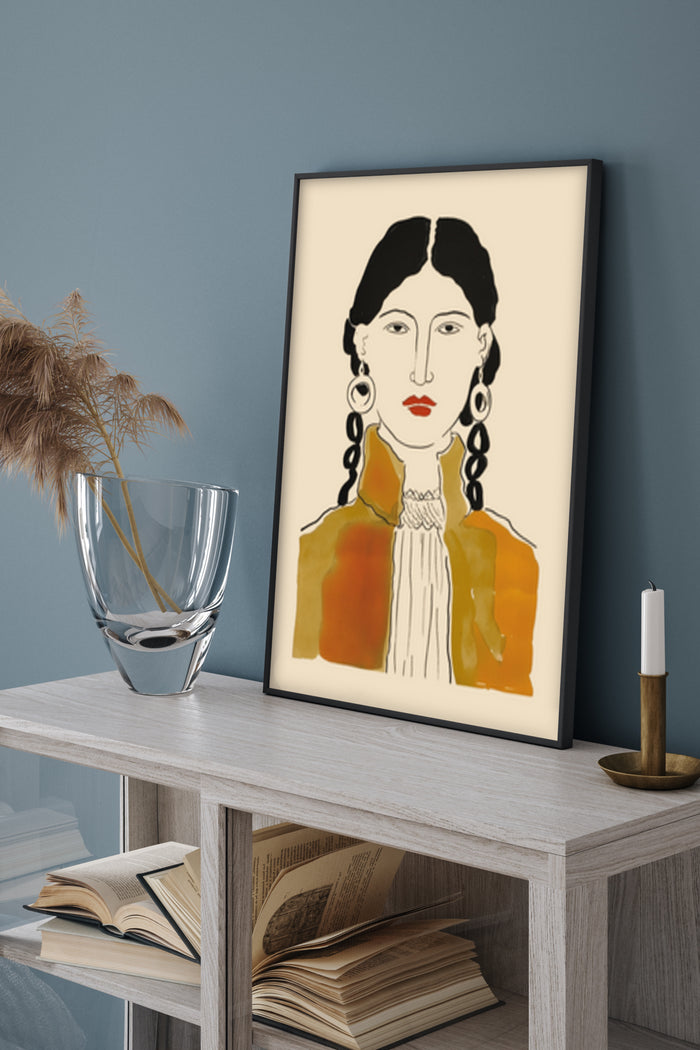 Abstract female portrait framed art piece displayed on console table in modern interior setting
