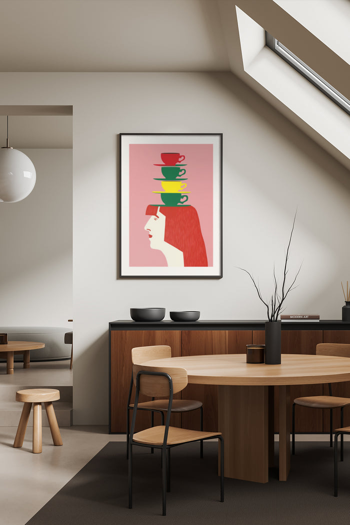 Abstract art poster of a woman's profile with colorful stacked cups in a modern interior setting