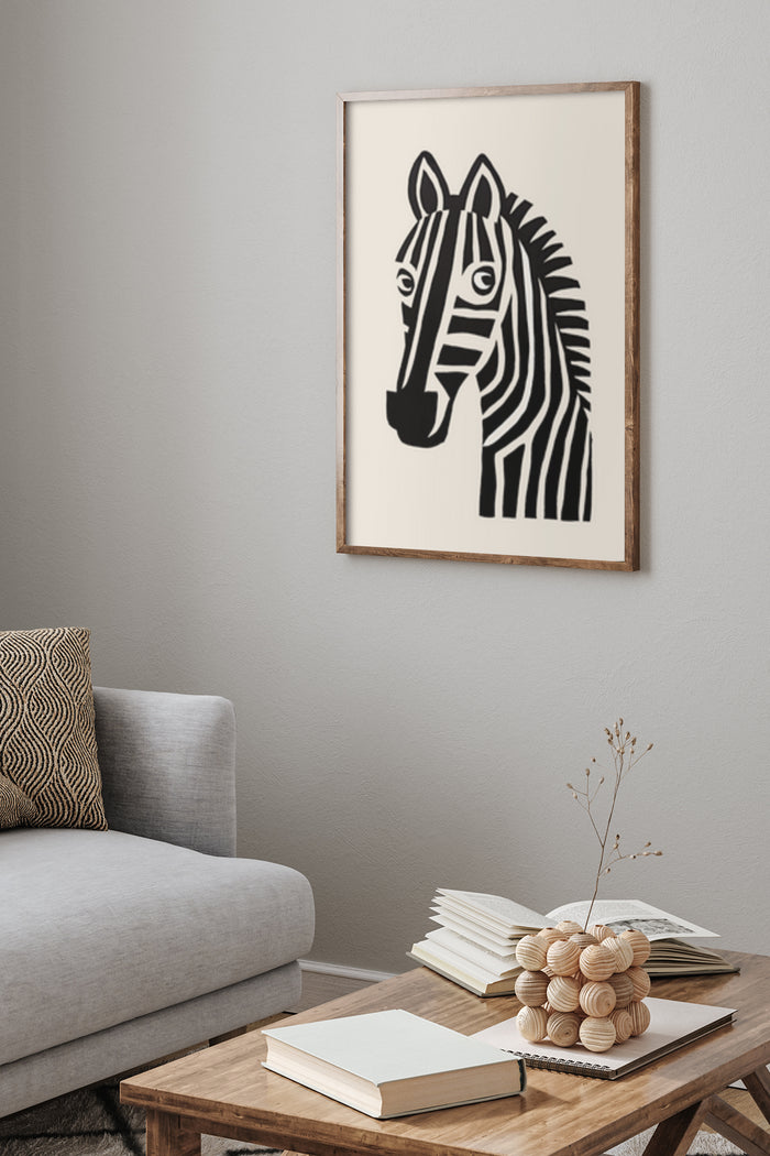 Minimalist black and white zebra print poster framed on wall above sofa in stylish living room