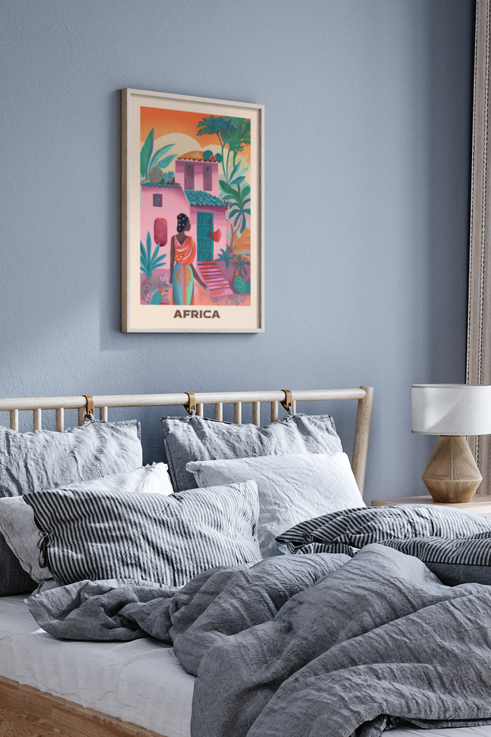 Colorful Africa themed travel poster with cultural motifs in a modern bedroom setting