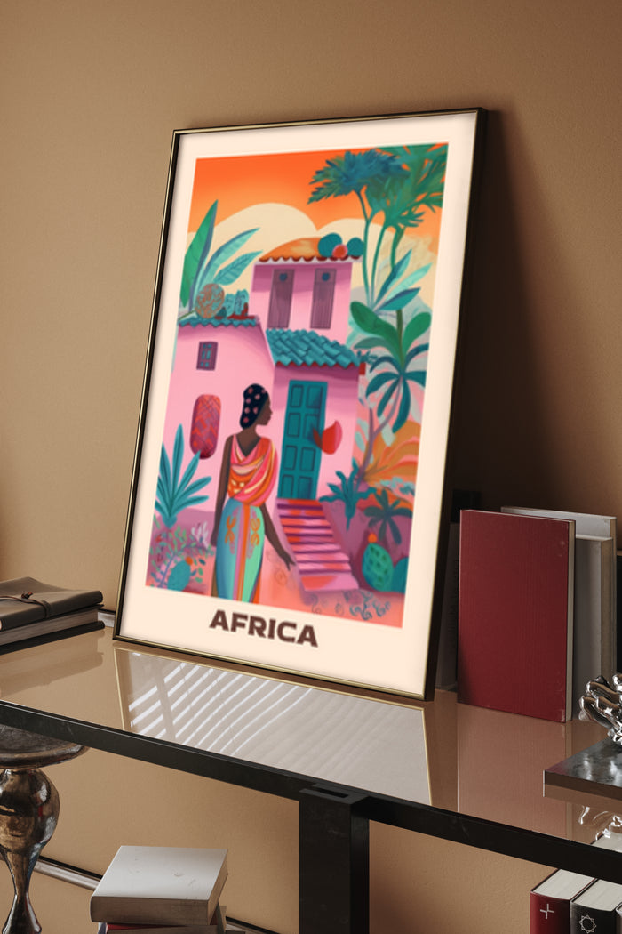 Colorful poster of an African woman in traditional attire with tropical backdrop and 'AFRICA' text