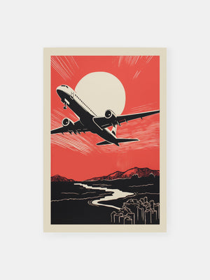Airplane Red Sky Journey Poster