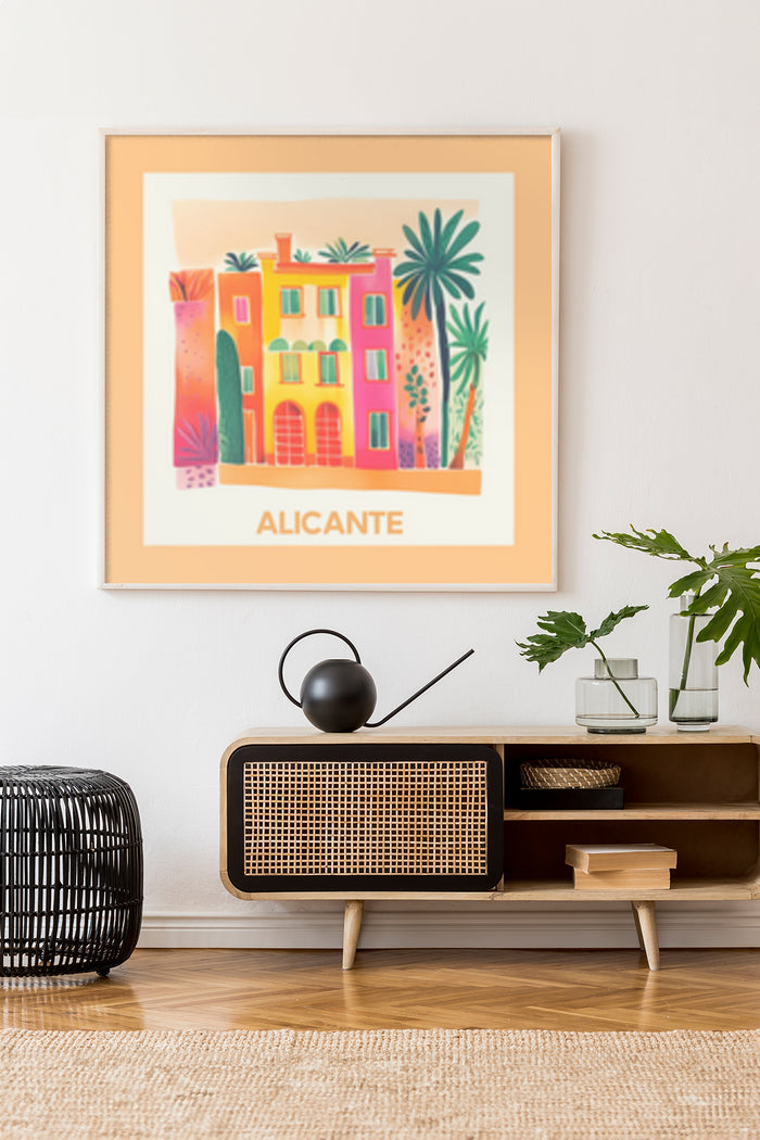 Alicante vibrant tropical buildings artwork poster in a modern living room decor