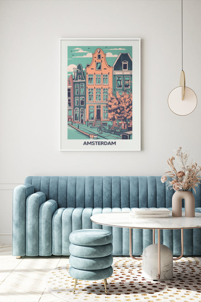 Vintage Amsterdam Travel Poster Artwork Displayed in Stylish Modern Living Room Decor