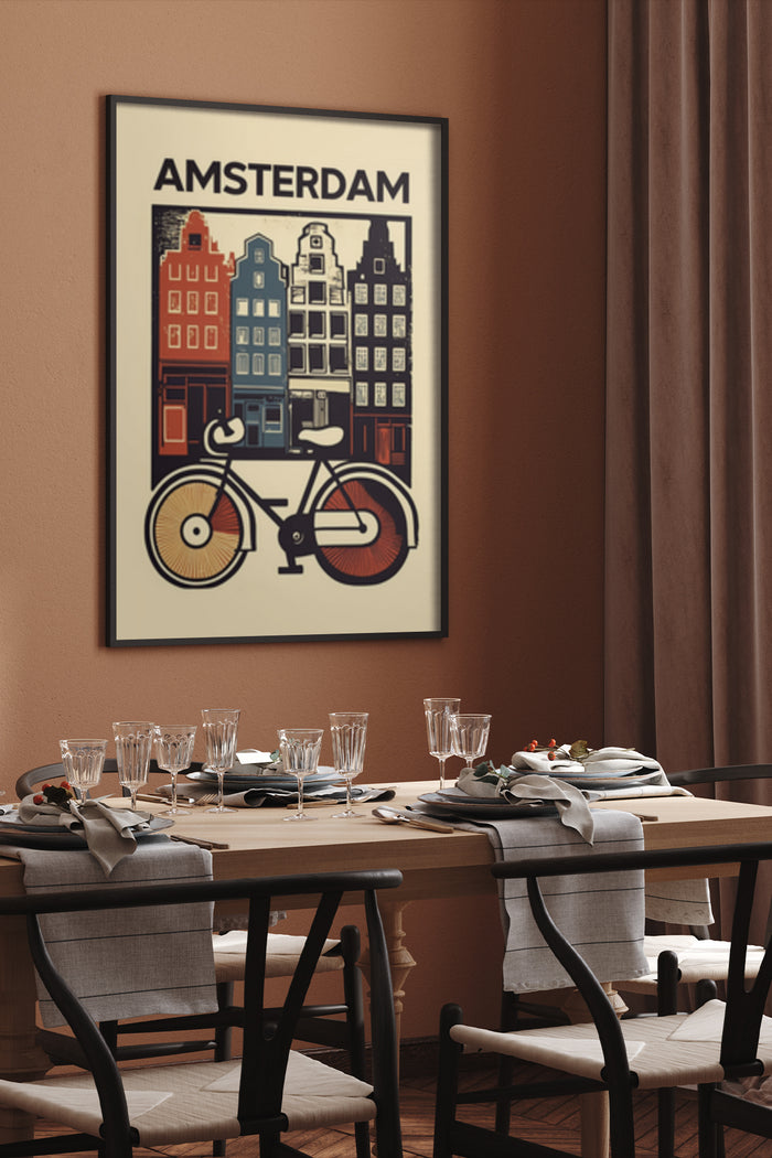 Vintage Amsterdam Poster with Bicycle and Colorful Canal Houses Wall Art in Dining Room