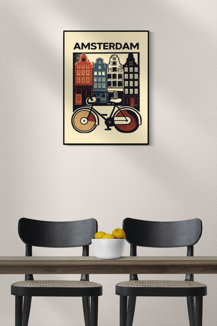 Amsterdam vintage poster displaying colorful canal houses and classic bicycle on wall