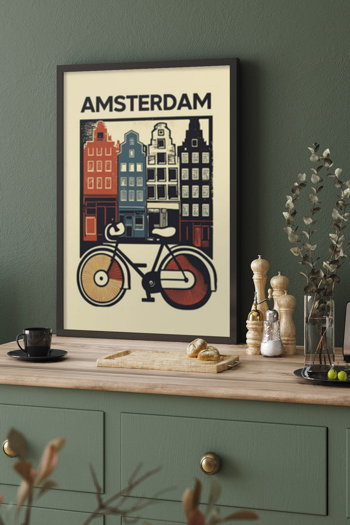 Vintage travel poster of Amsterdam featuring bicycle and iconic canal houses