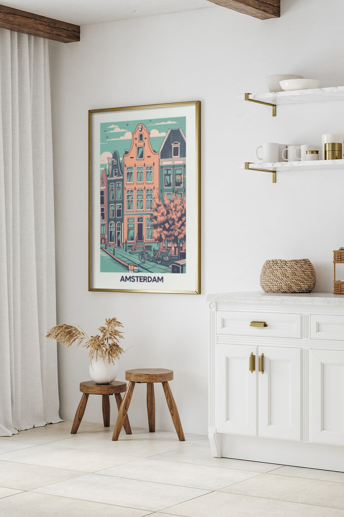 Amsterdam vintage style travel poster with iconic houses and canal