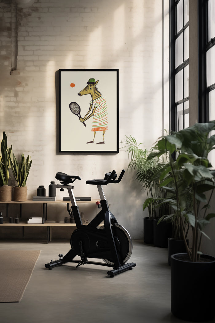 Stylized illustration of an animal character playing tennis poster in a modern interior setting