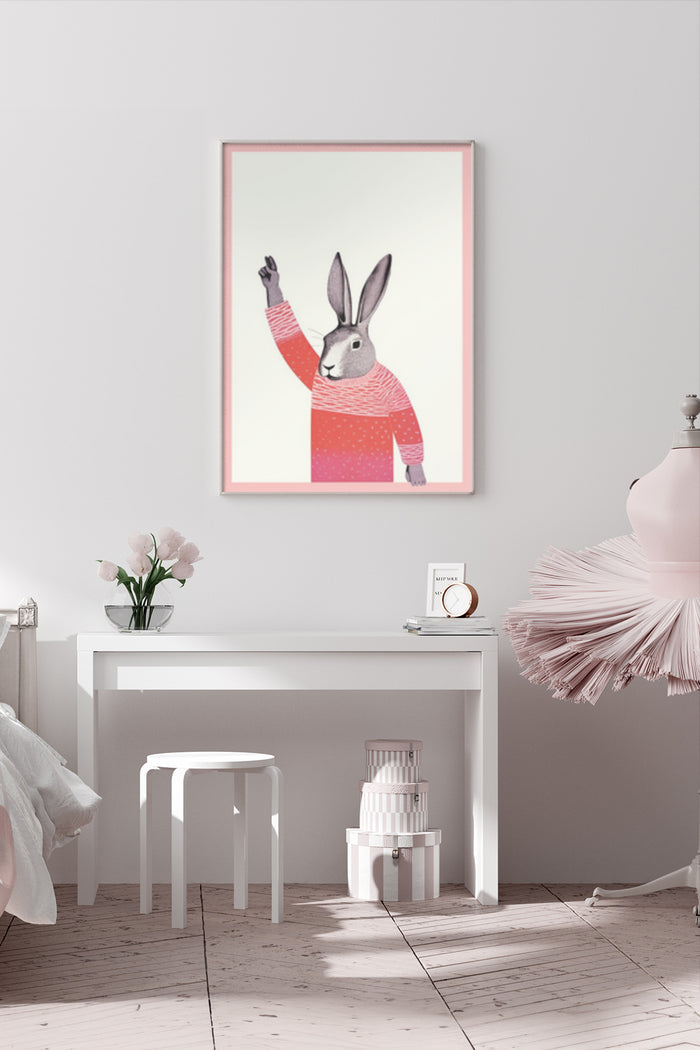 Illustration of an animated rabbit in a sweater waving, framed poster on a wall in a stylish bedroom setting