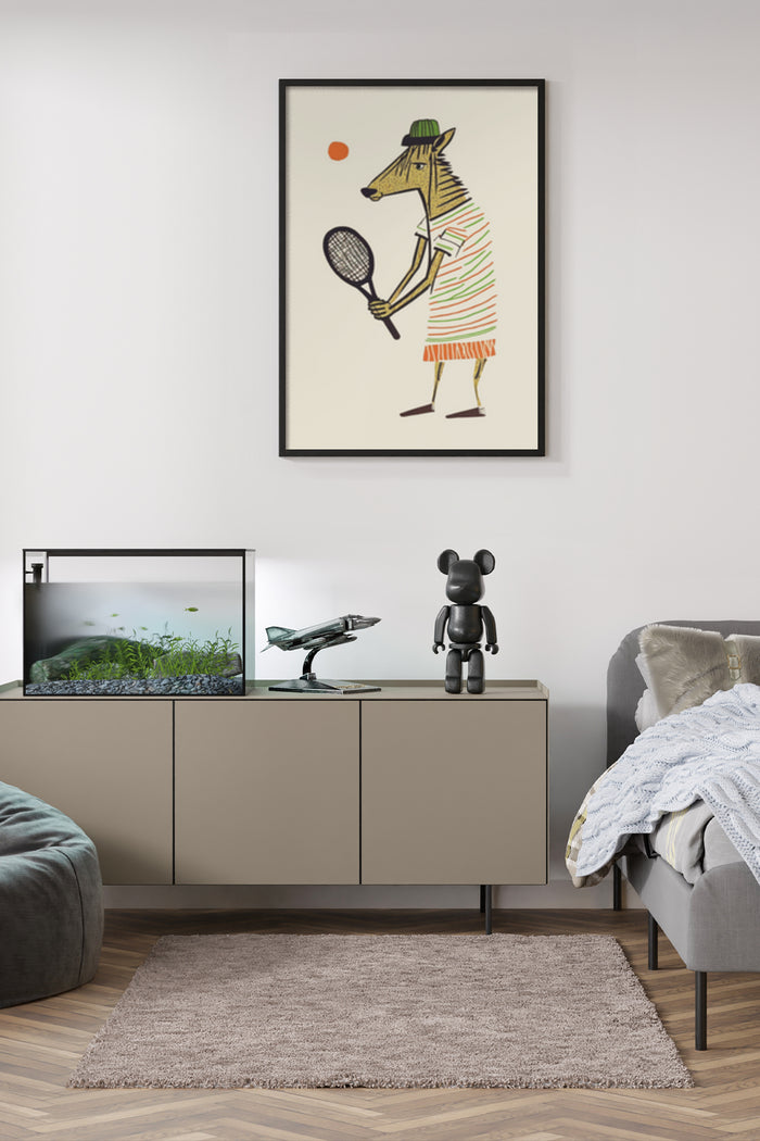 Illustrated poster of a fox character playing tennis in stylish clothing on a living room wall