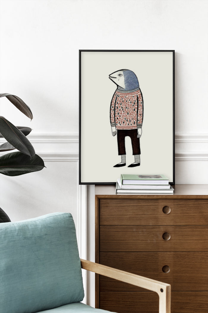 Quirky anthropomorphic penguin illustration in a cozy sweater framed art poster in a modern interior setting