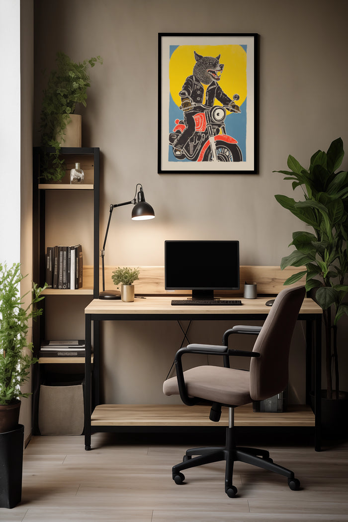Anthropomorphic wolf riding a motorcycle artwork poster in a stylish home office environment