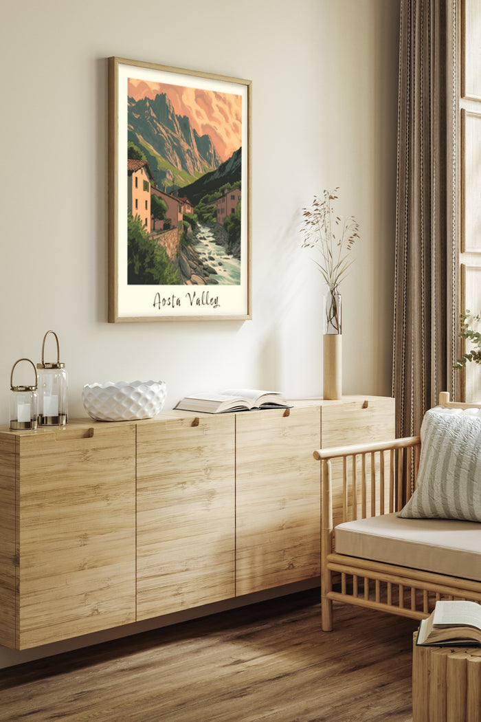 Vintage style travel poster of Aosta Valley on wall in modern interior