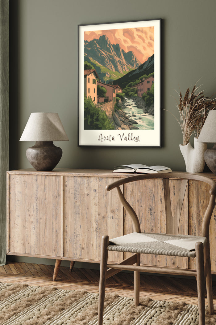 Vintage Aosta Valley Travel Poster displayed in a stylish living room interior