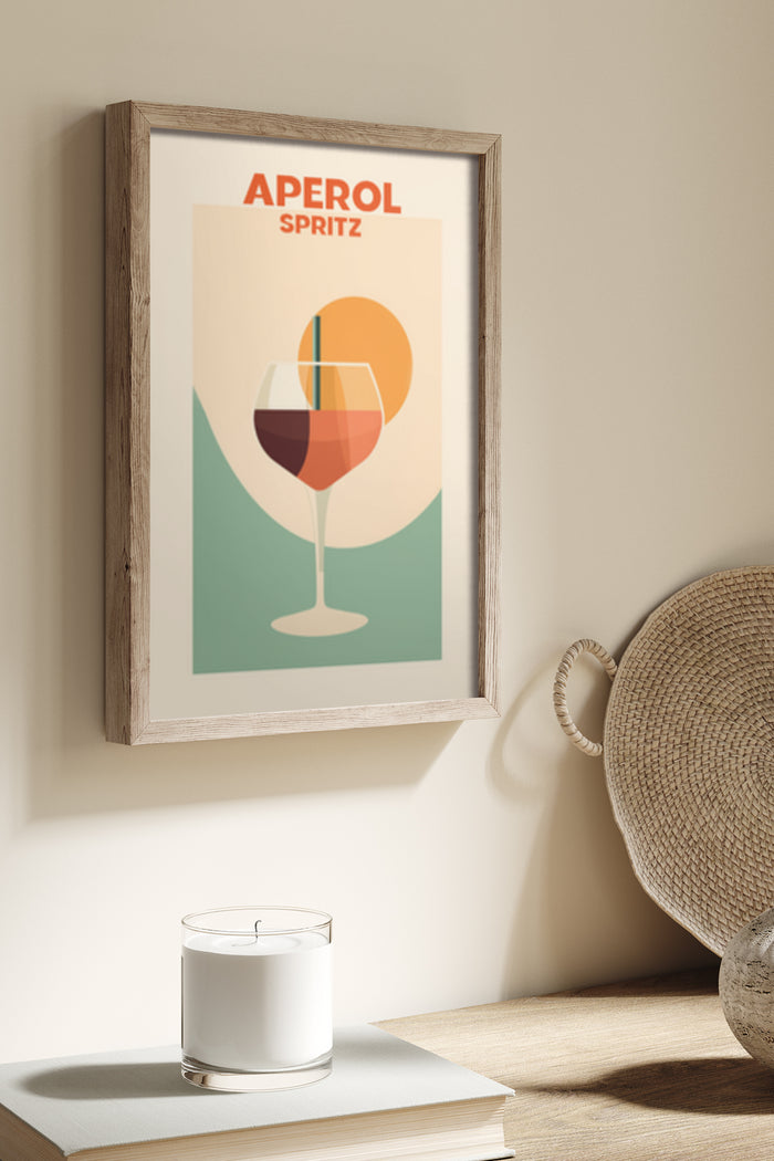 Minimalist Aperol Spritz cocktail poster in a wooden frame